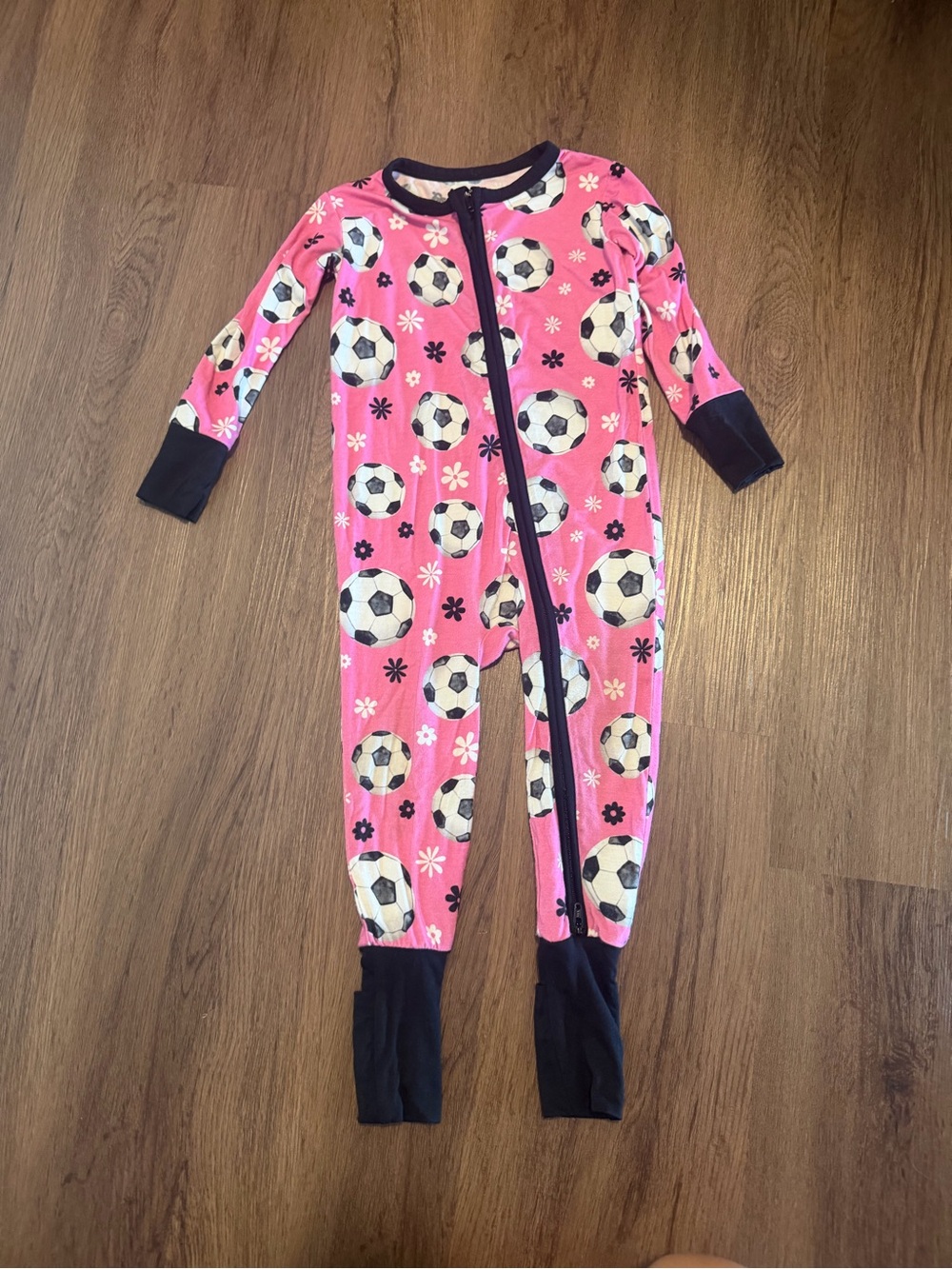 Girls Pink Soccer-Print Zip One-Piece Pajama